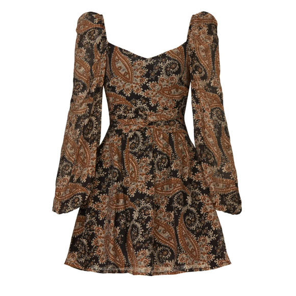 MinkPink Brown Paisley Fit Flare Mini Dress SMALL Ruched Boho Cotton Western - Picture 5 of 10